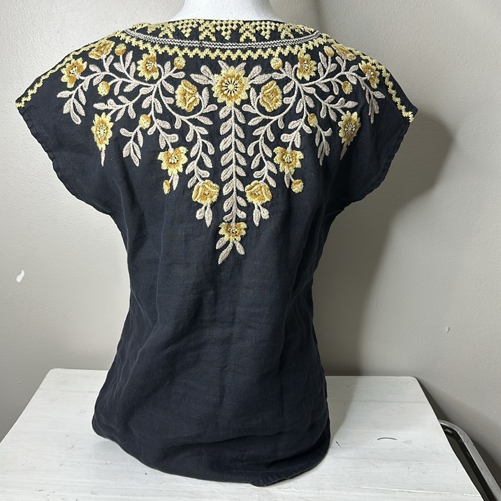 Johnny Was Black Lace-Up Embroidered Floral Blouse with Gold Accents - Picture 4 of 7